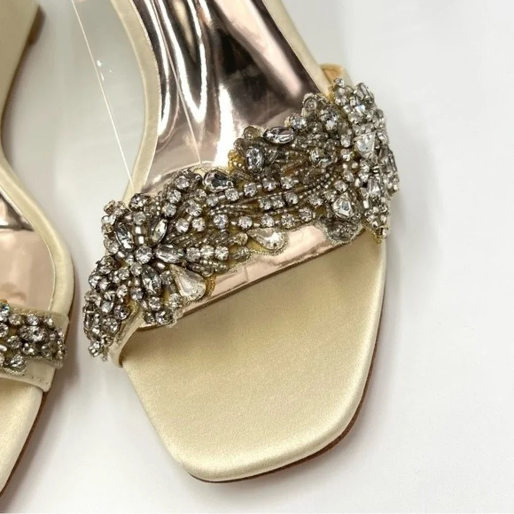 Badgley Mischka Size‎ 6 Aliyah Ivory Satin Jeweled Wedge Sandals Shoes Heels
